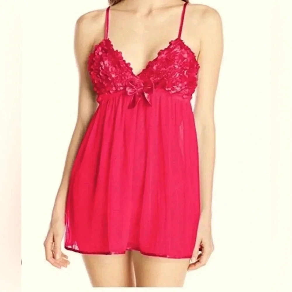 Flora Nikrooz Red Bellflower Babydoll‎ Chemise Full Slip Adjustable Large EUC